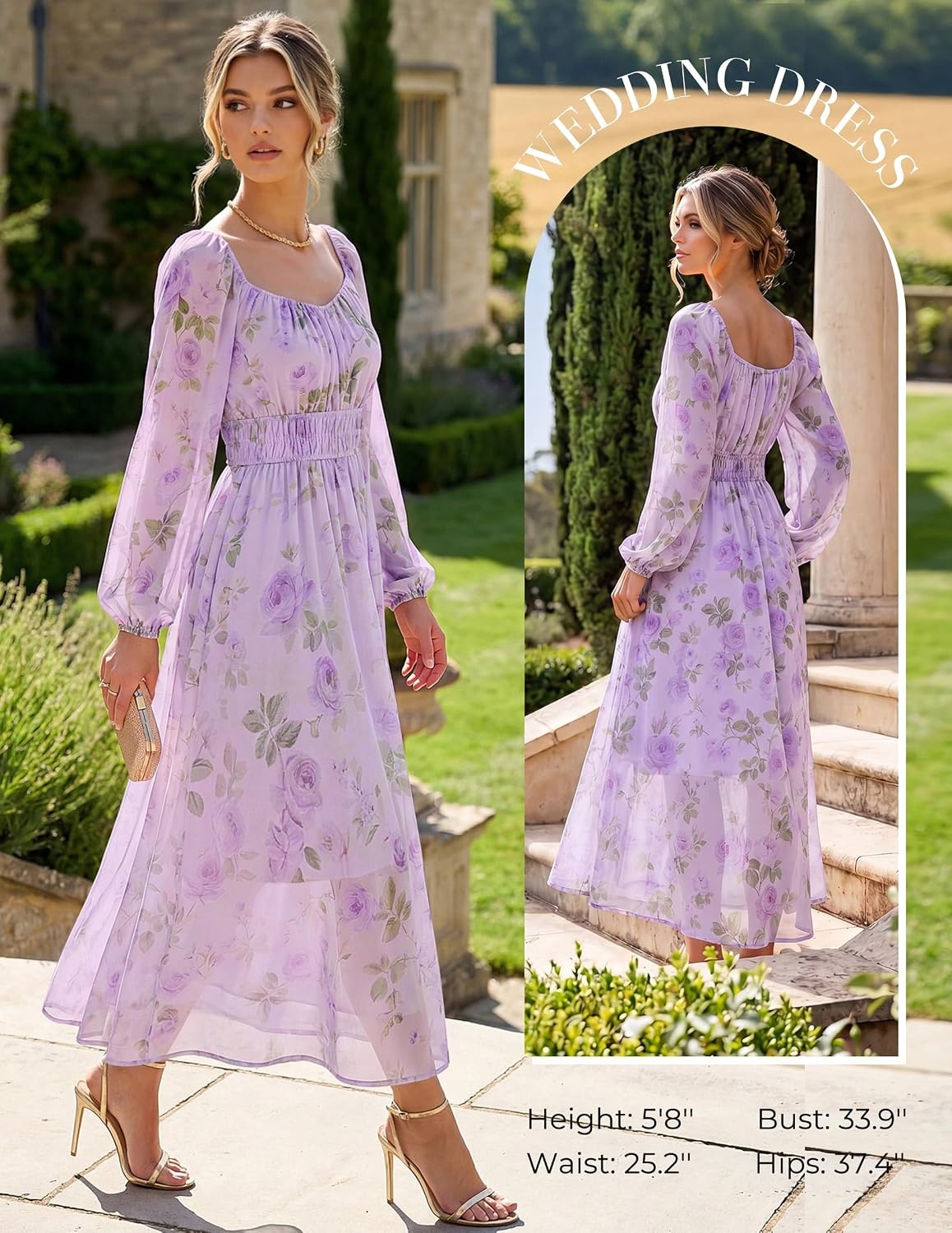 image:imageGRACE KARIN Womens Fall Long Sleeve Floral Wedding Guest Maxi Dress Sweetheart Neck Smocked Long DressChiffonFlowy A Line Outfit with Pocket for FormalTea PartyBridal ShowerBridesmaidLight Purple