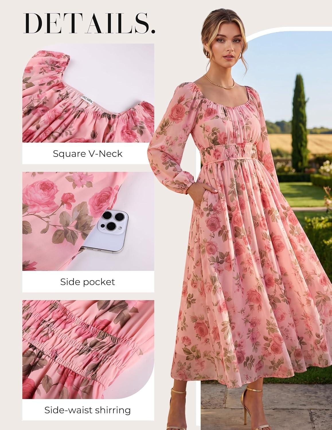 image:imageGRACE KARIN Womens Fall Long Sleeve Floral Wedding Guest Maxi Dress Sweetheart Neck Smocked Long DressChiffonFlowy A Line Outfit with Pocket for FormalTea PartyBridal ShowerBridesmaidPink Floral