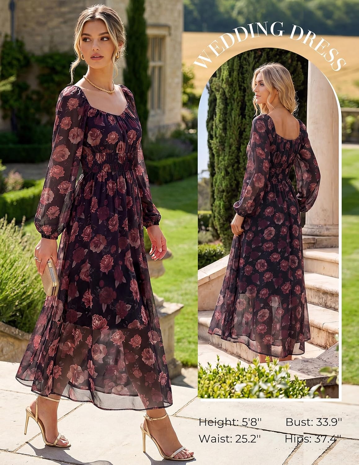 image:imageGRACE KARIN Womens Fall Long Sleeve Floral Wedding Guest Maxi Dress Sweetheart Neck Smocked Long DressChiffonFlowy A Line Outfit with Pocket for FormalTea PartyBridal ShowerBridesmaidBlack Red