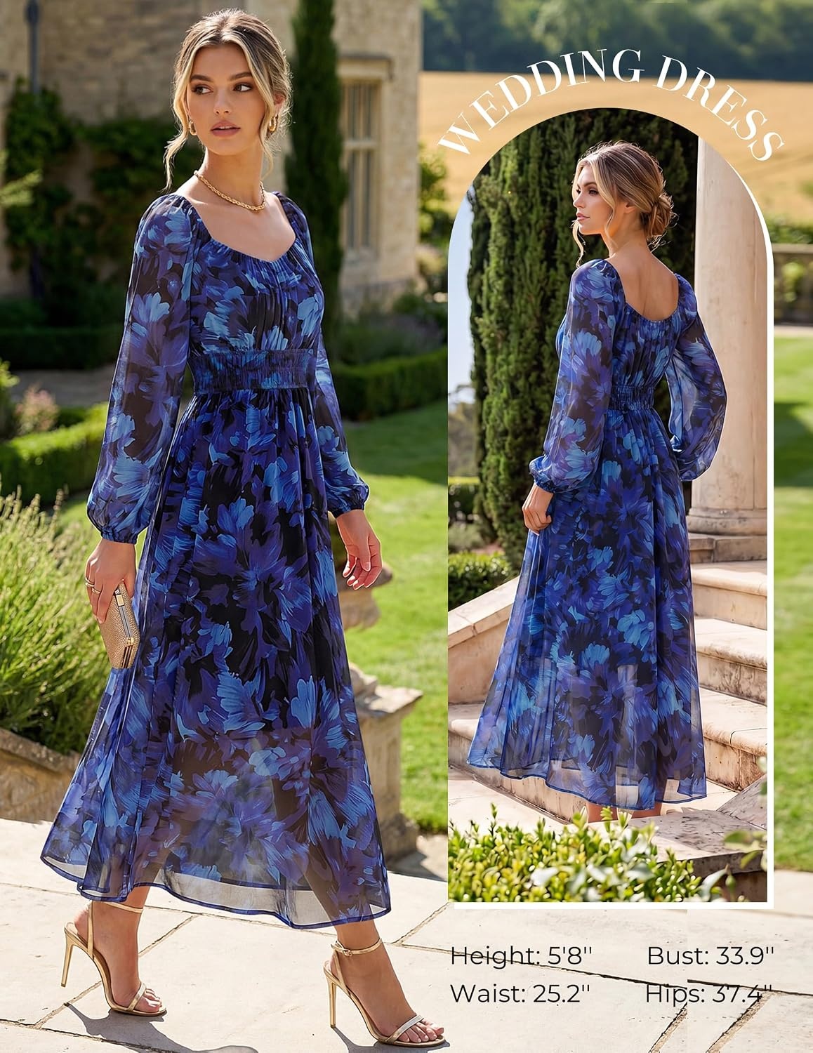 image:imageGRACE KARIN Womens Fall Long Sleeve Floral Wedding Guest Maxi Dress Sweetheart Neck Smocked Long DressChiffonFlowy A Line Outfit with Pocket for FormalTea PartyBridal ShowerBridesmaidRoyal Blue