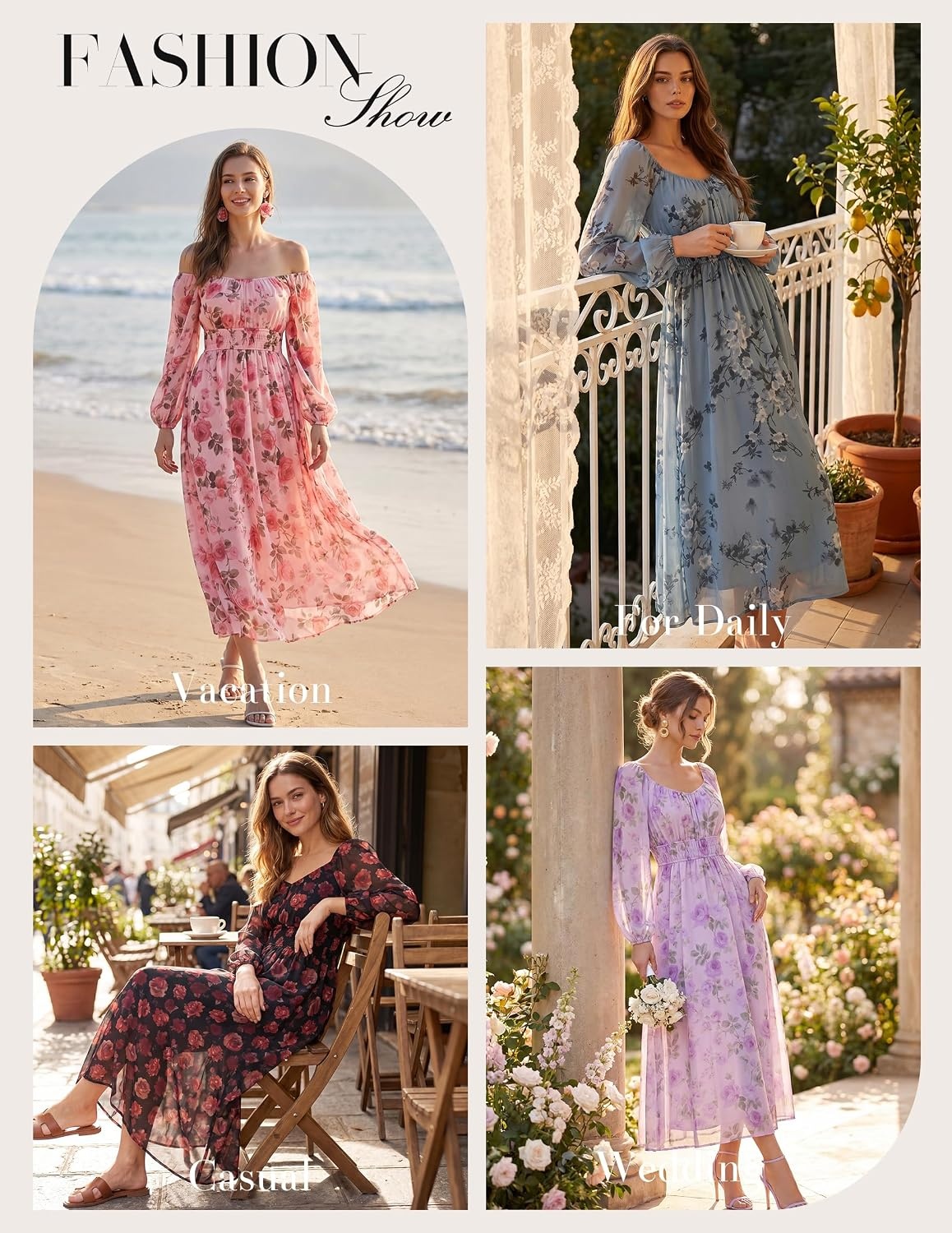image:imageGRACE KARIN Womens Fall Long Sleeve Floral Wedding Guest Maxi Dress Sweetheart Neck Smocked Long DressChiffonFlowy A Line Outfit with Pocket for FormalTea PartyBridal ShowerBridesmaidGrey Blue