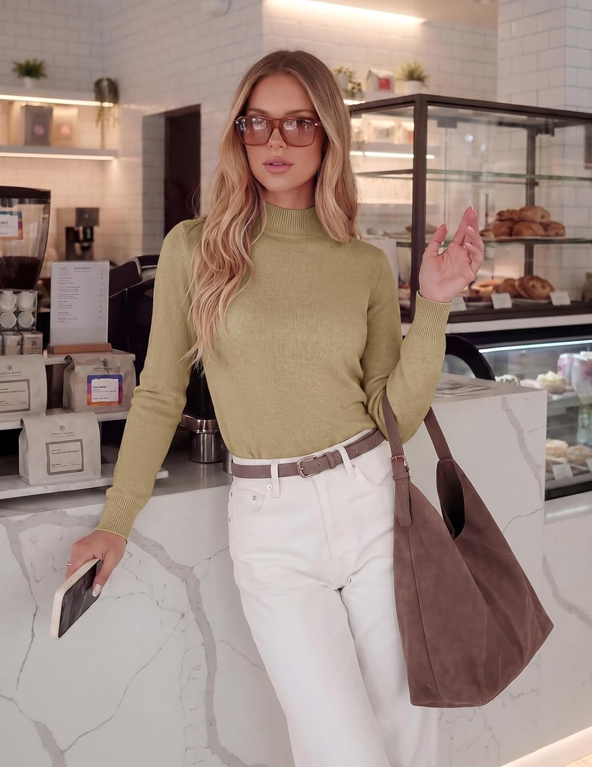image:imageGRACE KARIN Womens Fleece Sherpa Lined Sweater Mock Neck Long Sleeve Thermal Pullover 2026 Fall Winter Slim Jumper TopsLight Camel
