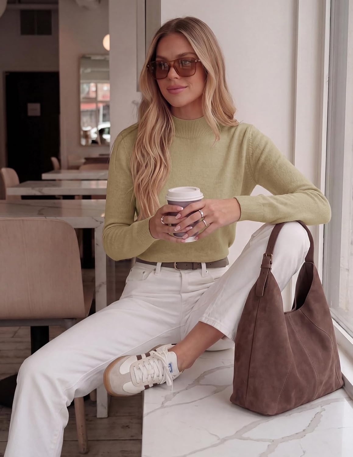 image:imageGRACE KARIN Womens Fleece Sherpa Lined Sweater Mock Neck Long Sleeve Thermal Pullover 2026 Fall Winter Slim Jumper TopsLight Camel