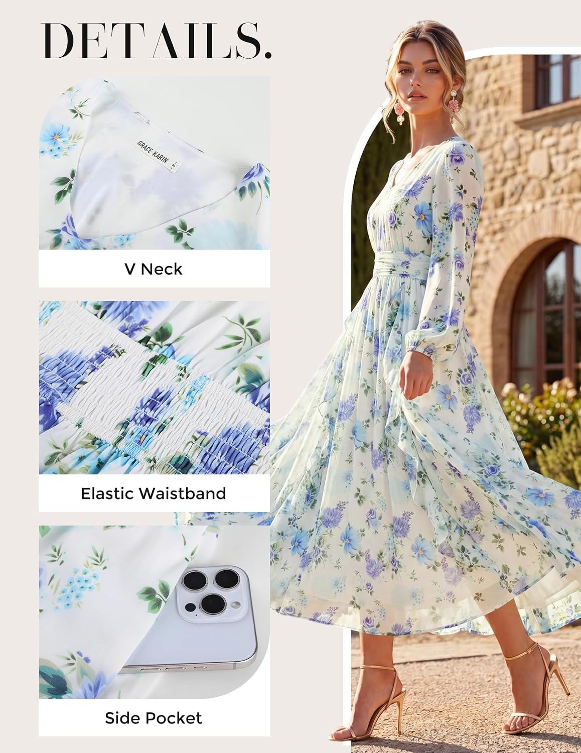 image:imageGRACE KARIN Womens Floral Long Sleeve Wedding Guest Dress Pockets Chiffon V Neck Empire Waist 2026 Fall Dresses Flowy A Line Ruffle Tiered SemiFormal Bridal ShowerWhite Blue Floral