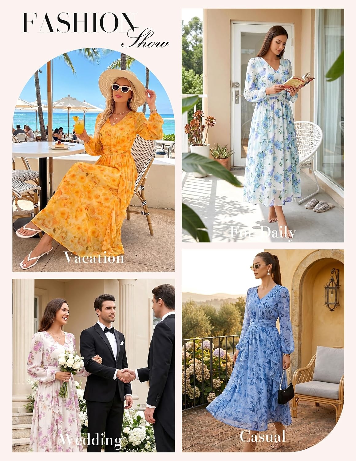 image:imageGRACE KARIN Womens Floral Long Sleeve Wedding Guest Dress Pockets Chiffon V Neck Empire Waist 2026 Fall Dresses Flowy A Line Ruffle Tiered SemiFormal Bridal ShowerWhite Purple Floral
