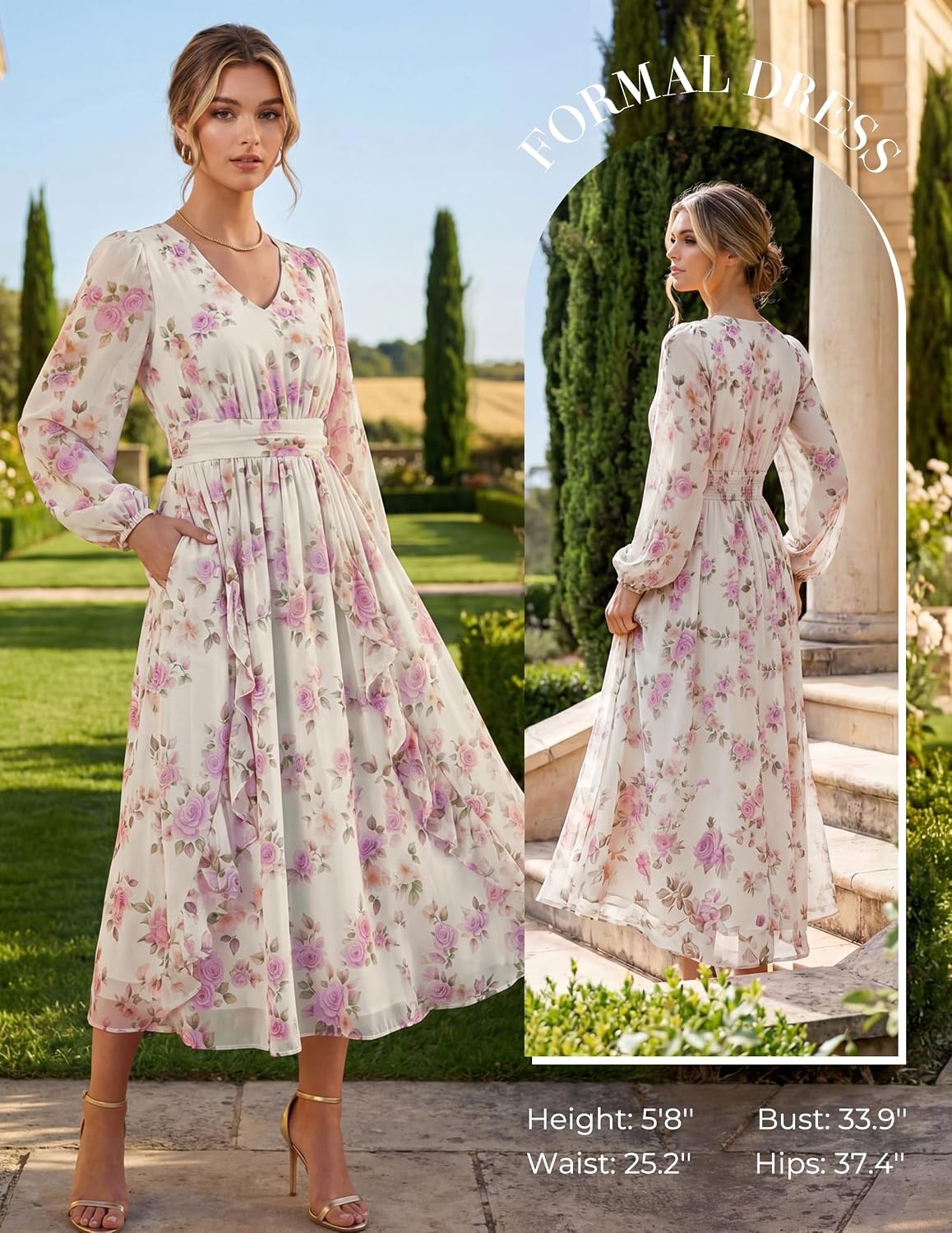 image:imageGRACE KARIN Womens Floral Long Sleeve Wedding Guest Dress Pockets Chiffon V Neck Empire Waist 2026 Fall Dresses Flowy A Line Ruffle Tiered SemiFormal Bridal ShowerWhite Purple Floral
