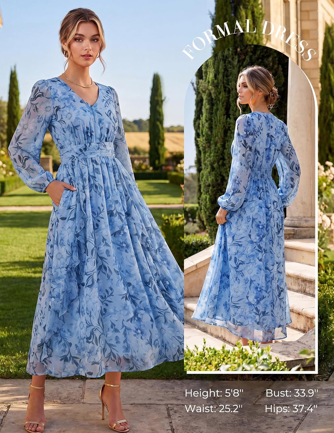 image:imageGRACE KARIN Womens Floral Long Sleeve Wedding Guest Dress Pockets Chiffon V Neck Empire Waist 2026 Fall Dresses Flowy A Line Ruffle Tiered SemiFormal Bridal ShowerBlue Floral