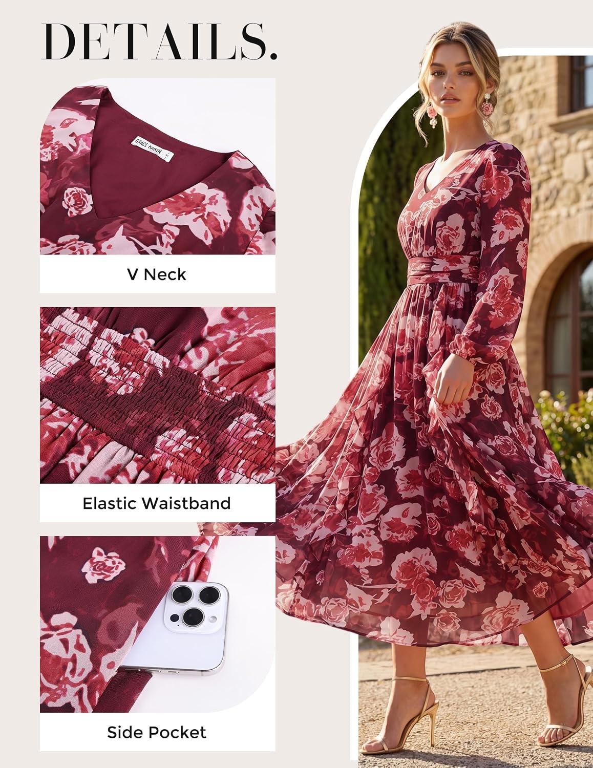 image:imageGRACE KARIN Womens Floral Long Sleeve Wedding Guest Dress Pockets Chiffon V Neck Empire Waist 2026 Fall Dresses Flowy A Line Ruffle Tiered SemiFormal Bridal ShowerRed Floral