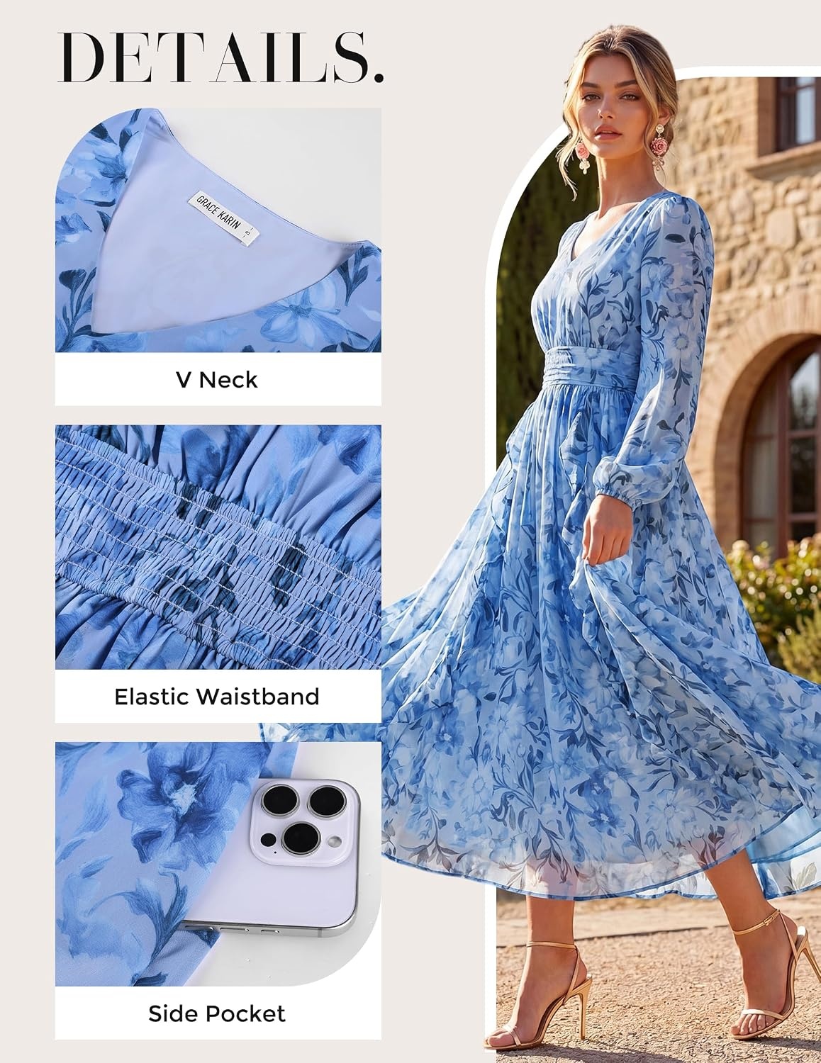 image:imageGRACE KARIN Womens Floral Long Sleeve Wedding Guest Dress Pockets Chiffon V Neck Empire Waist 2026 Fall Dresses Flowy A Line Ruffle Tiered SemiFormal Bridal ShowerBlue Floral