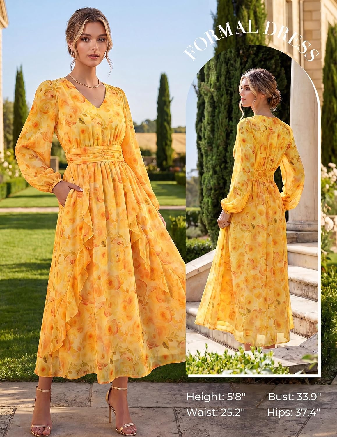 image:imageGRACE KARIN Womens Floral Long Sleeve Wedding Guest Dress Pockets Chiffon V Neck Empire Waist 2026 Fall Dresses Flowy A Line Ruffle Tiered SemiFormal Bridal ShowerYellow Floral