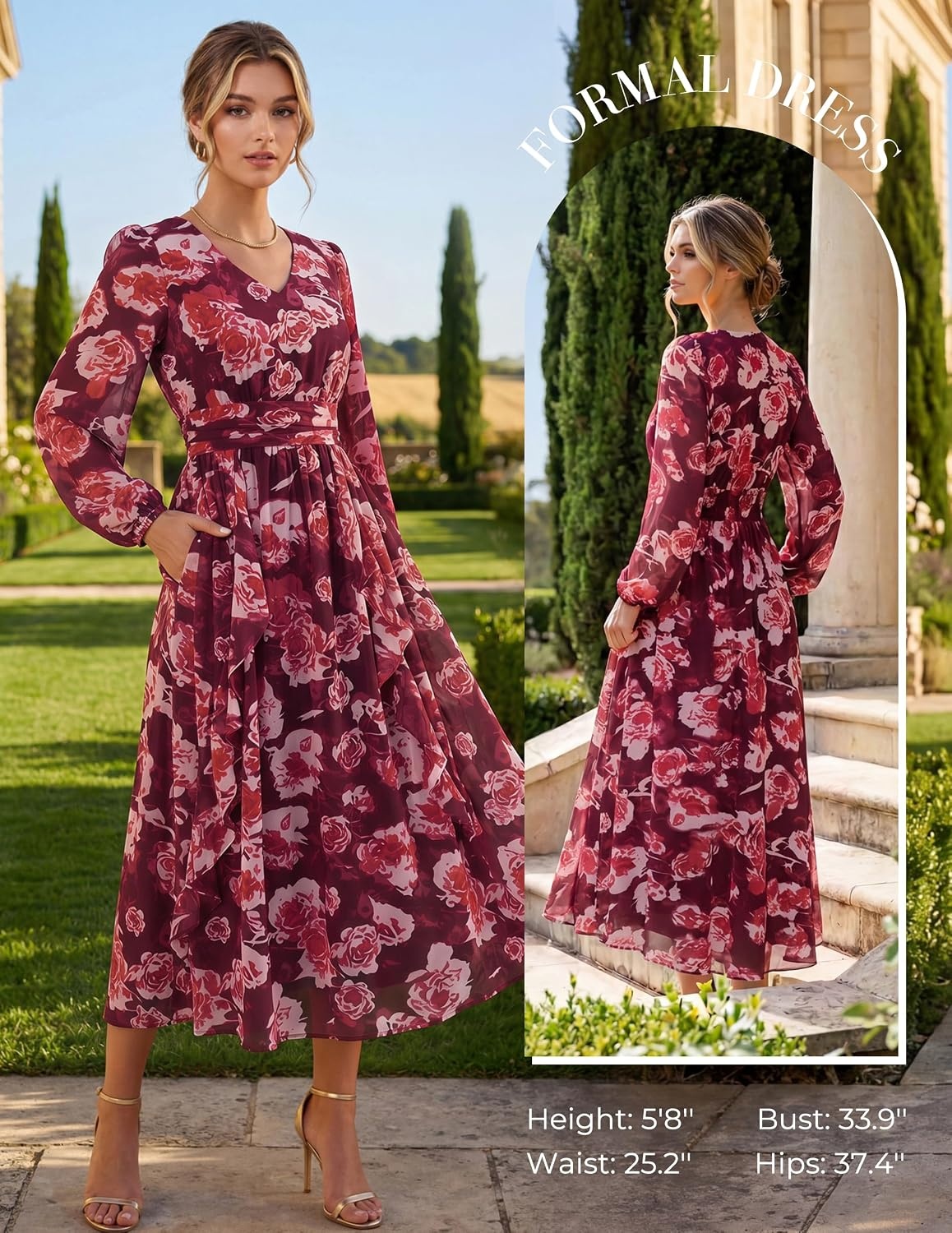 image:imageGRACE KARIN Womens Floral Long Sleeve Wedding Guest Dress Pockets Chiffon V Neck Empire Waist 2026 Fall Dresses Flowy A Line Ruffle Tiered SemiFormal Bridal ShowerRed Floral