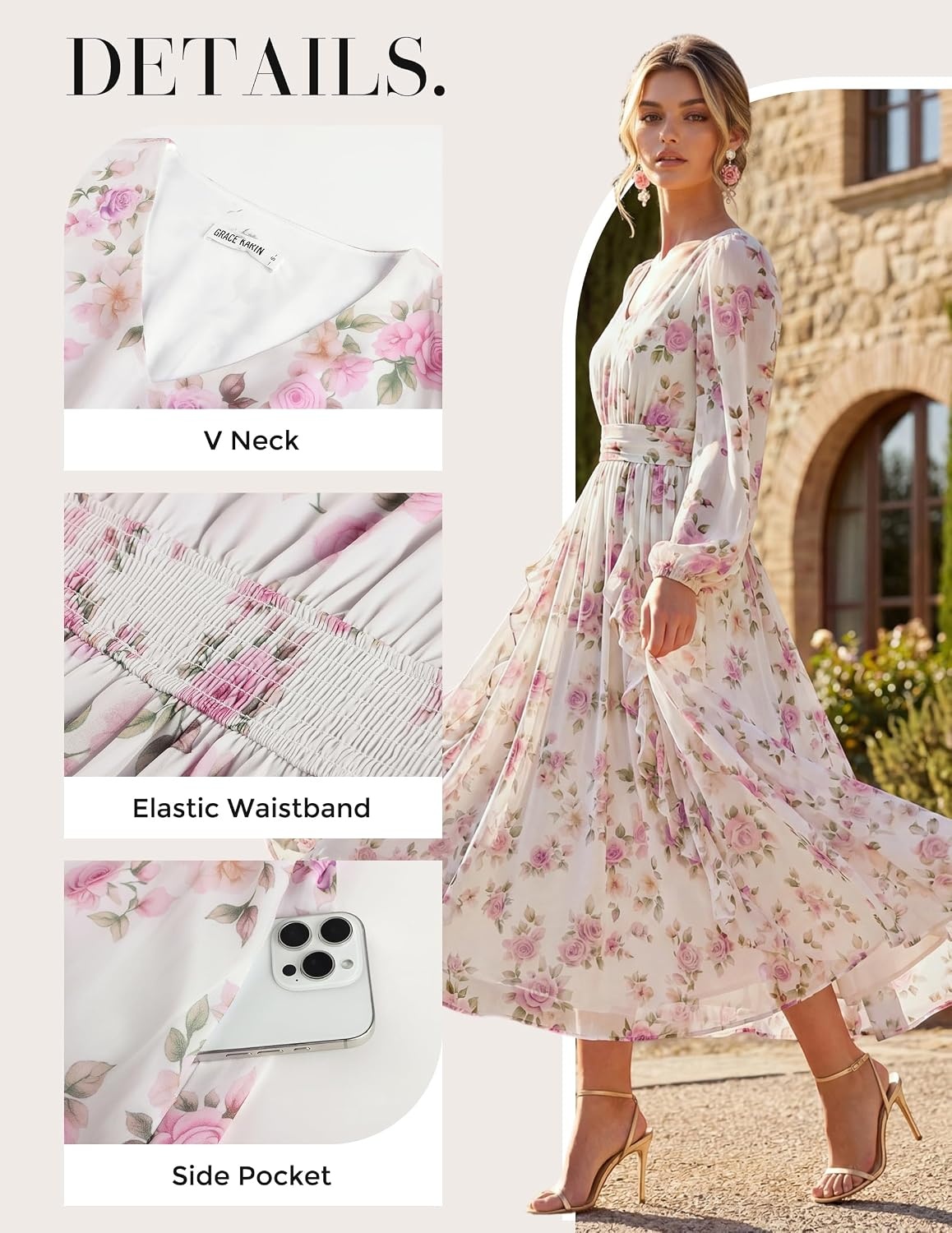 image:imageGRACE KARIN Womens Floral Long Sleeve Wedding Guest Dress Pockets Chiffon V Neck Empire Waist 2026 Fall Dresses Flowy A Line Ruffle Tiered SemiFormal Bridal ShowerWhite Purple Floral