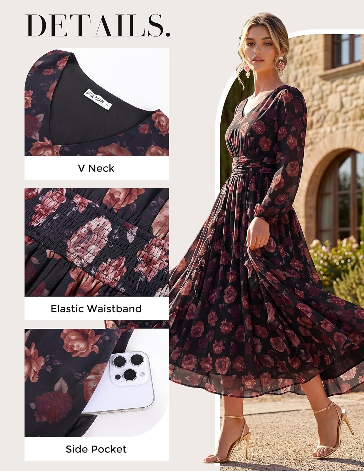 image:imageGRACE KARIN Womens Floral Long Sleeve Wedding Guest Dress Pockets Chiffon V Neck Empire Waist 2026 Fall Dresses Flowy A Line Ruffle Tiered SemiFormal Bridal ShowerBlack Floral