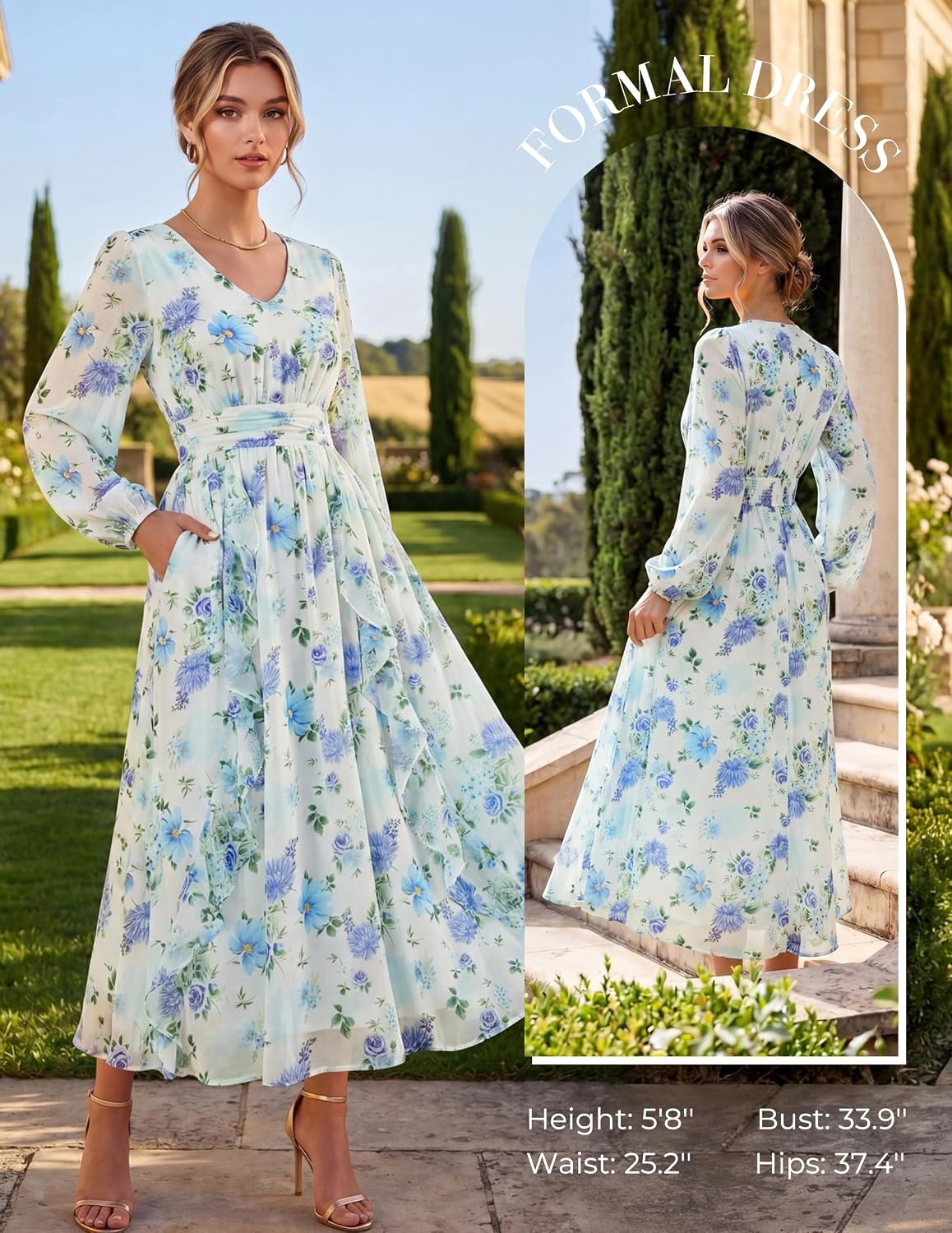 image:imageGRACE KARIN Womens Floral Long Sleeve Wedding Guest Dress Pockets Chiffon V Neck Empire Waist 2026 Fall Dresses Flowy A Line Ruffle Tiered SemiFormal Bridal ShowerWhite Blue Floral