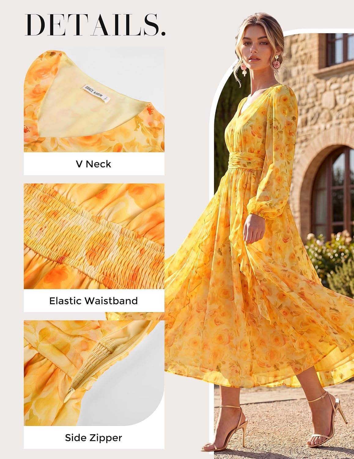 image:imageGRACE KARIN Womens Floral Long Sleeve Wedding Guest Dress Pockets Chiffon V Neck Empire Waist 2026 Fall Dresses Flowy A Line Ruffle Tiered SemiFormal Bridal ShowerYellow Floral