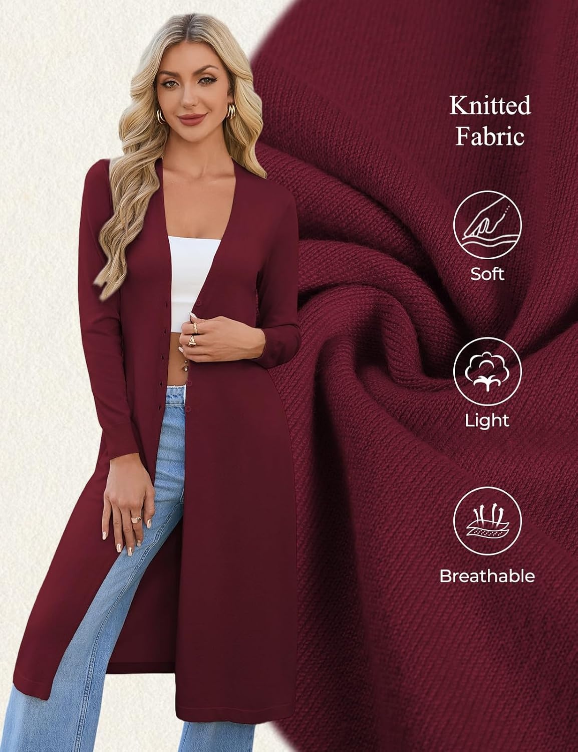 image:imageGRACE KARIN Womens Long Cardigan Trendy Lightweight Knit Dusters Coat V Neck Button Up Sweaters Maxi Dress for Casual Dressy Work 2026 Fall Fashion ClothesBurgundy