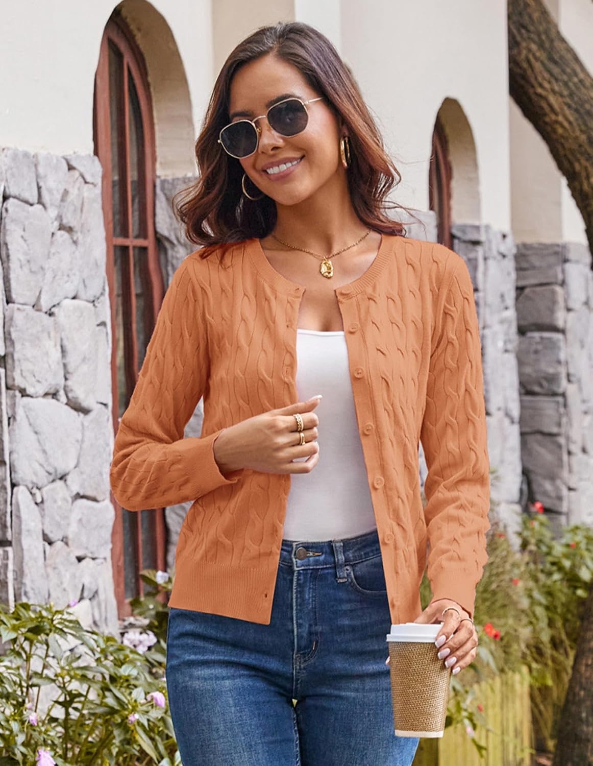 image:imageGRACE KARIN Womens Long Sleeve Button Up Cable Knit Cardigan Lightweight 2026 Crewneck Button Down Sweaters for WomenBright Orange