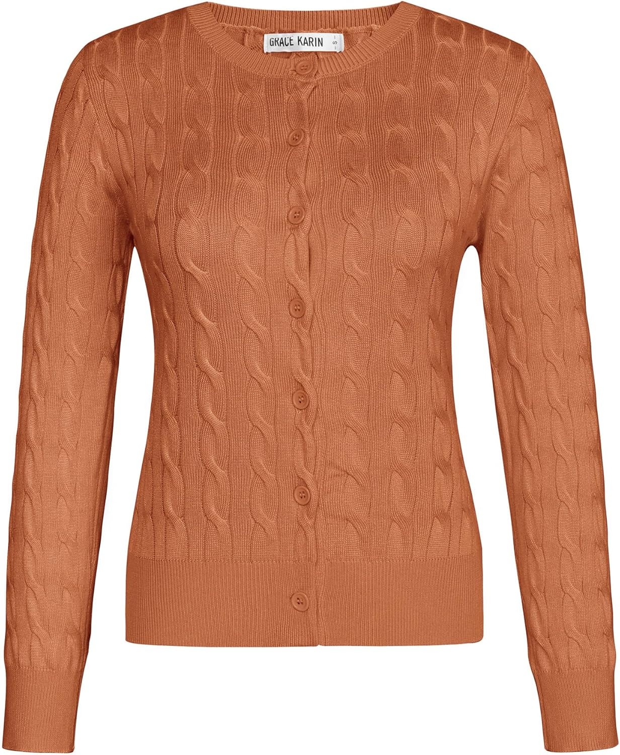 image:imageGRACE KARIN Womens Long Sleeve Button Up Cable Knit Cardigan Lightweight 2026 Crewneck Button Down Sweaters for WomenBright Orange