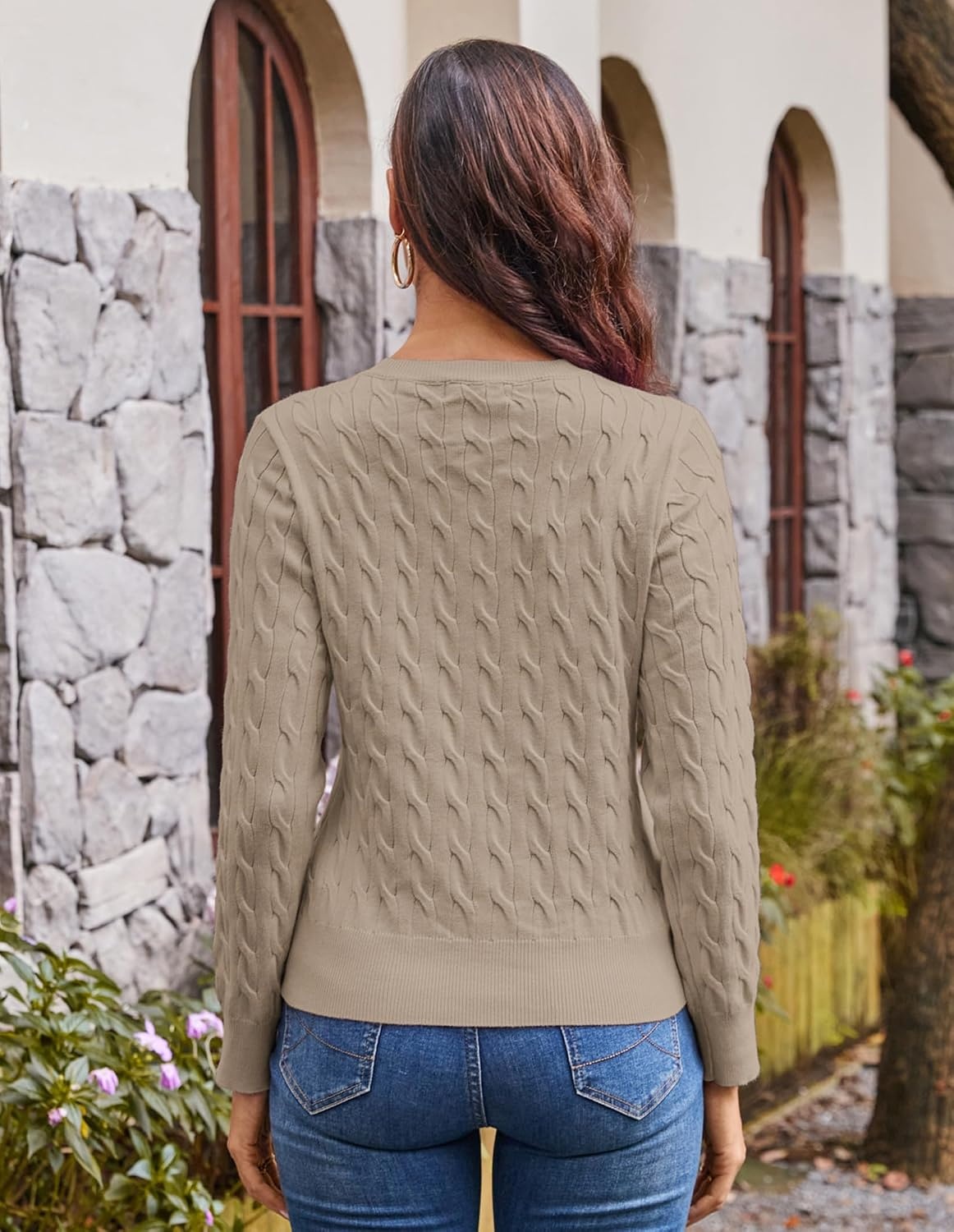 image:imageGRACE KARIN Womens Long Sleeve Button Up Cable Knit Cardigan Lightweight 2026 Crewneck Button Down Sweaters for WomenKhaki