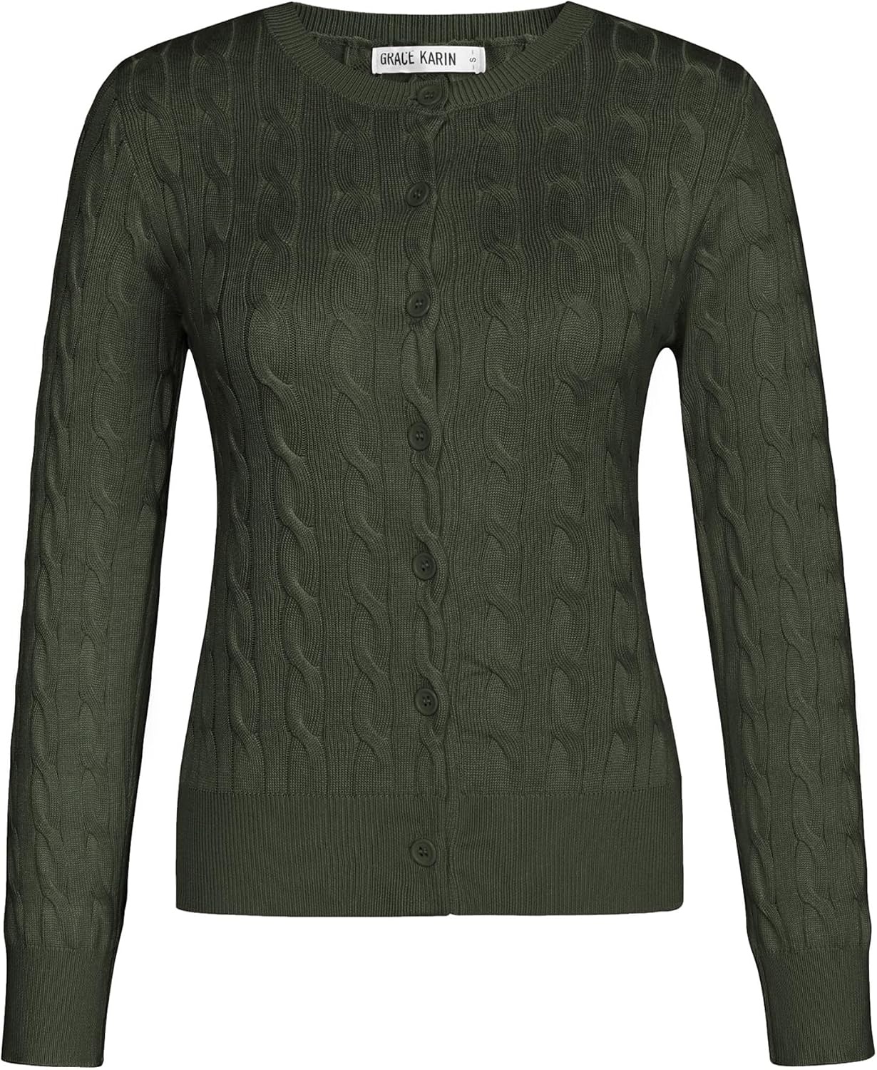 image:imageGRACE KARIN Womens Long Sleeve Button Up Cable Knit Cardigan Lightweight 2026 Crewneck Button Down Sweaters for WomenOlive Green