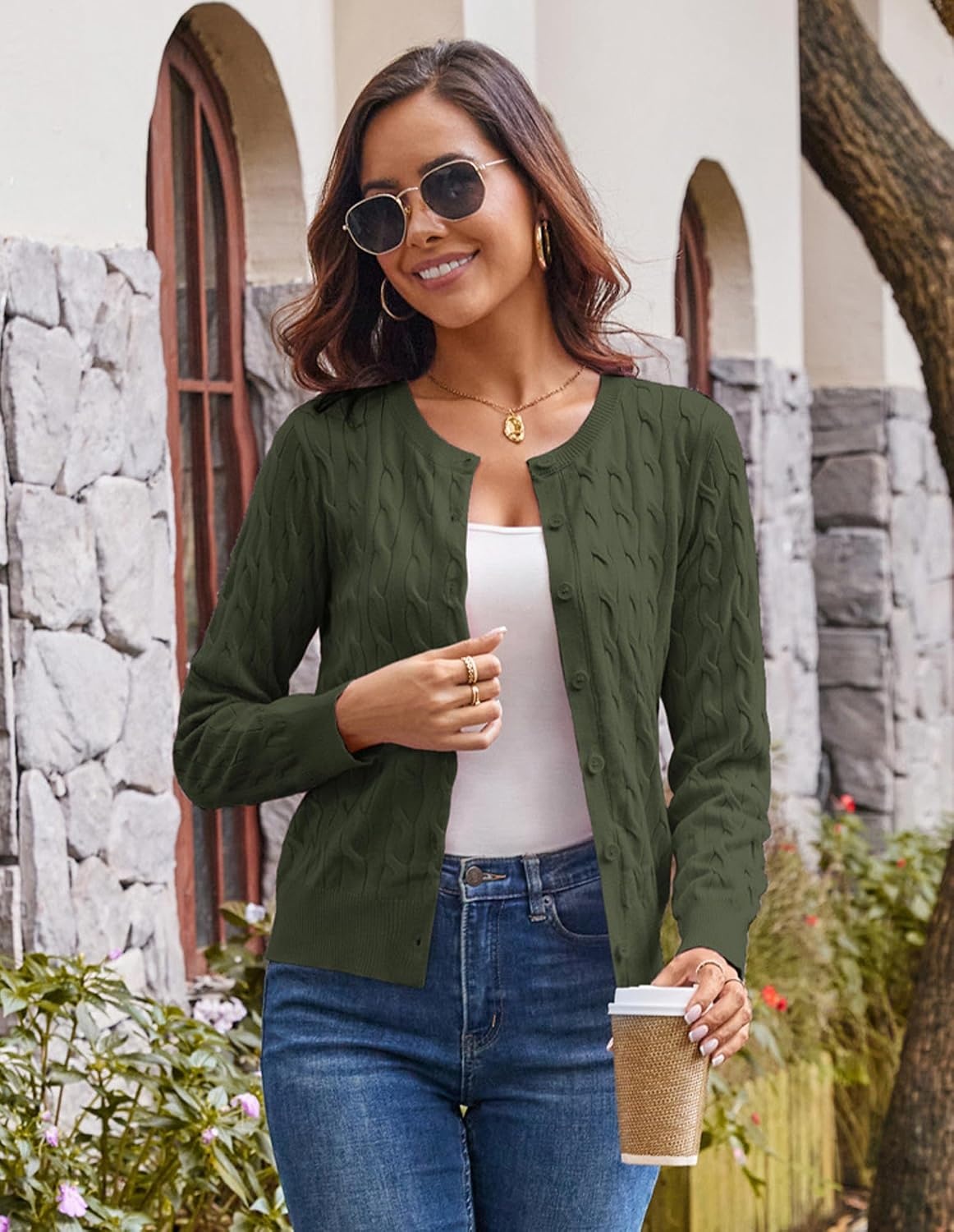 image:imageGRACE KARIN Womens Long Sleeve Button Up Cable Knit Cardigan Lightweight 2026 Crewneck Button Down Sweaters for WomenOlive Green