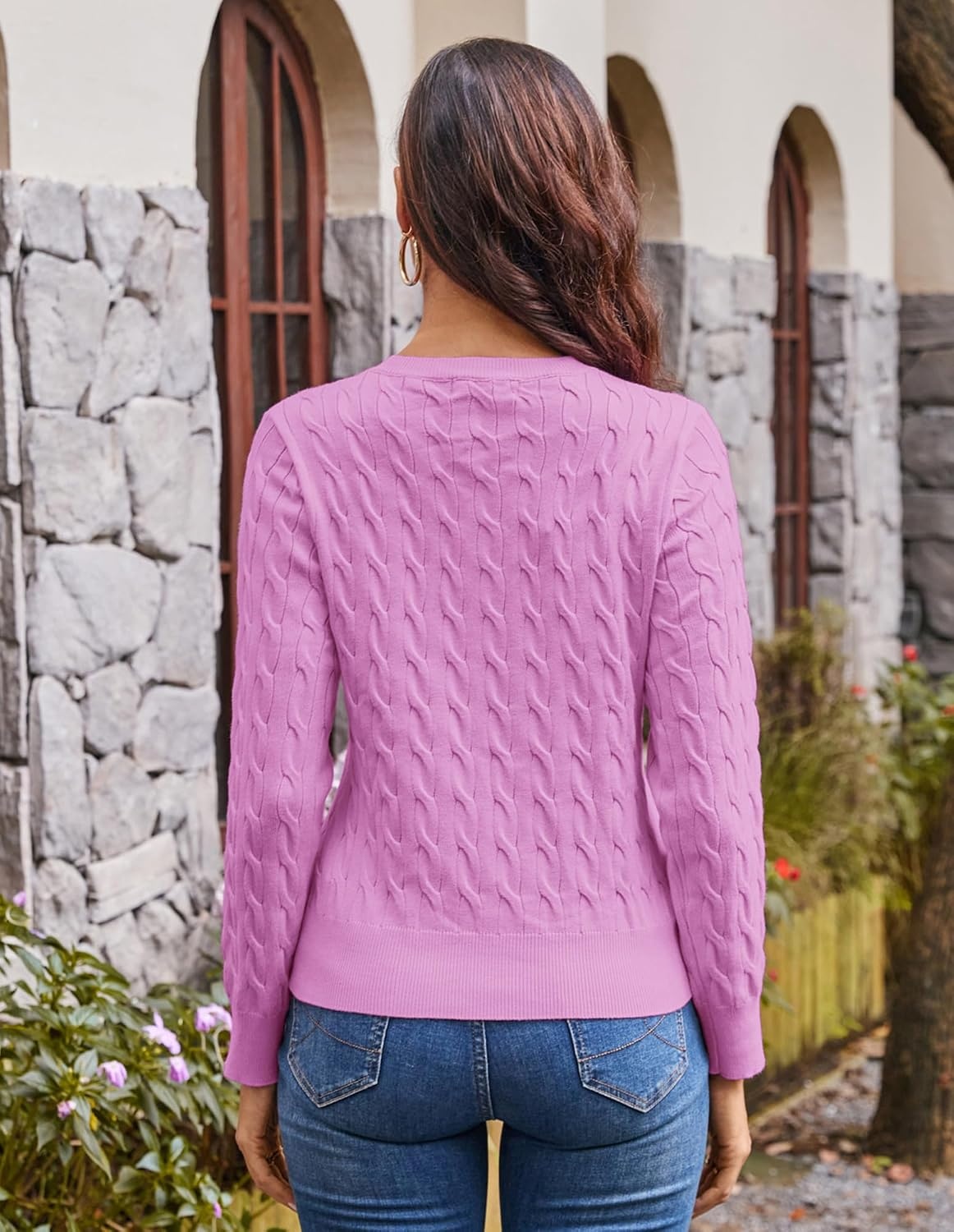 image:imageGRACE KARIN Womens Long Sleeve Button Up Cable Knit Cardigan Lightweight 2026 Crewneck Button Down Sweaters for WomenPurplish Pink