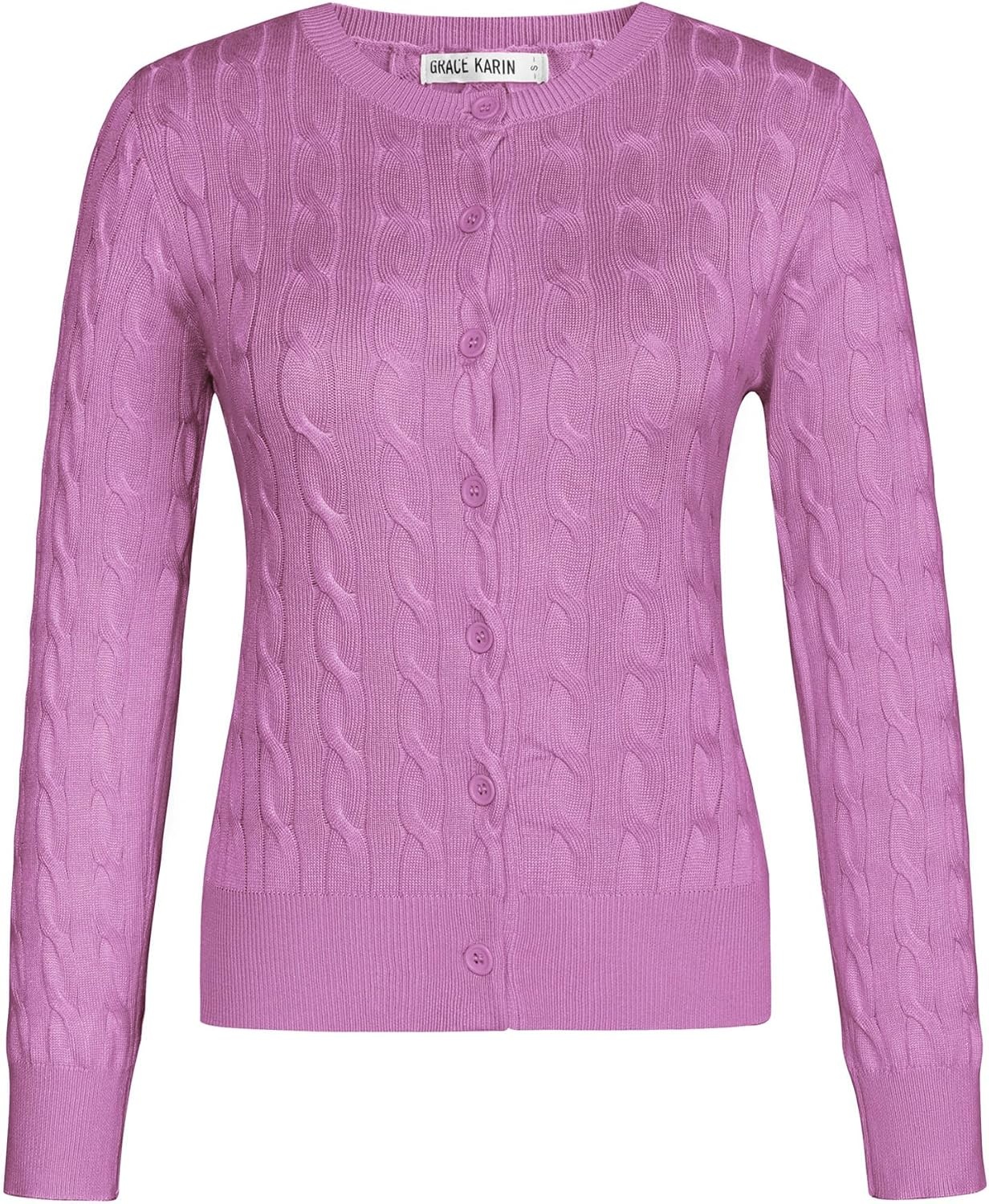 image:imageGRACE KARIN Womens Long Sleeve Button Up Cable Knit Cardigan Lightweight 2026 Crewneck Button Down Sweaters for WomenPurplish Pink