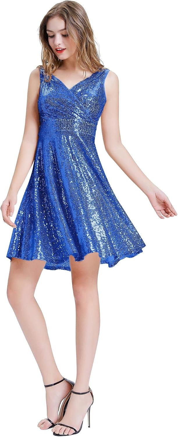 image:imageGRACE KARIN Womens Sparkly Sequin Cocktail Dresses Formal Prom Party A Line Dresses Wedding Guest Glitter Midi DressBluesequin