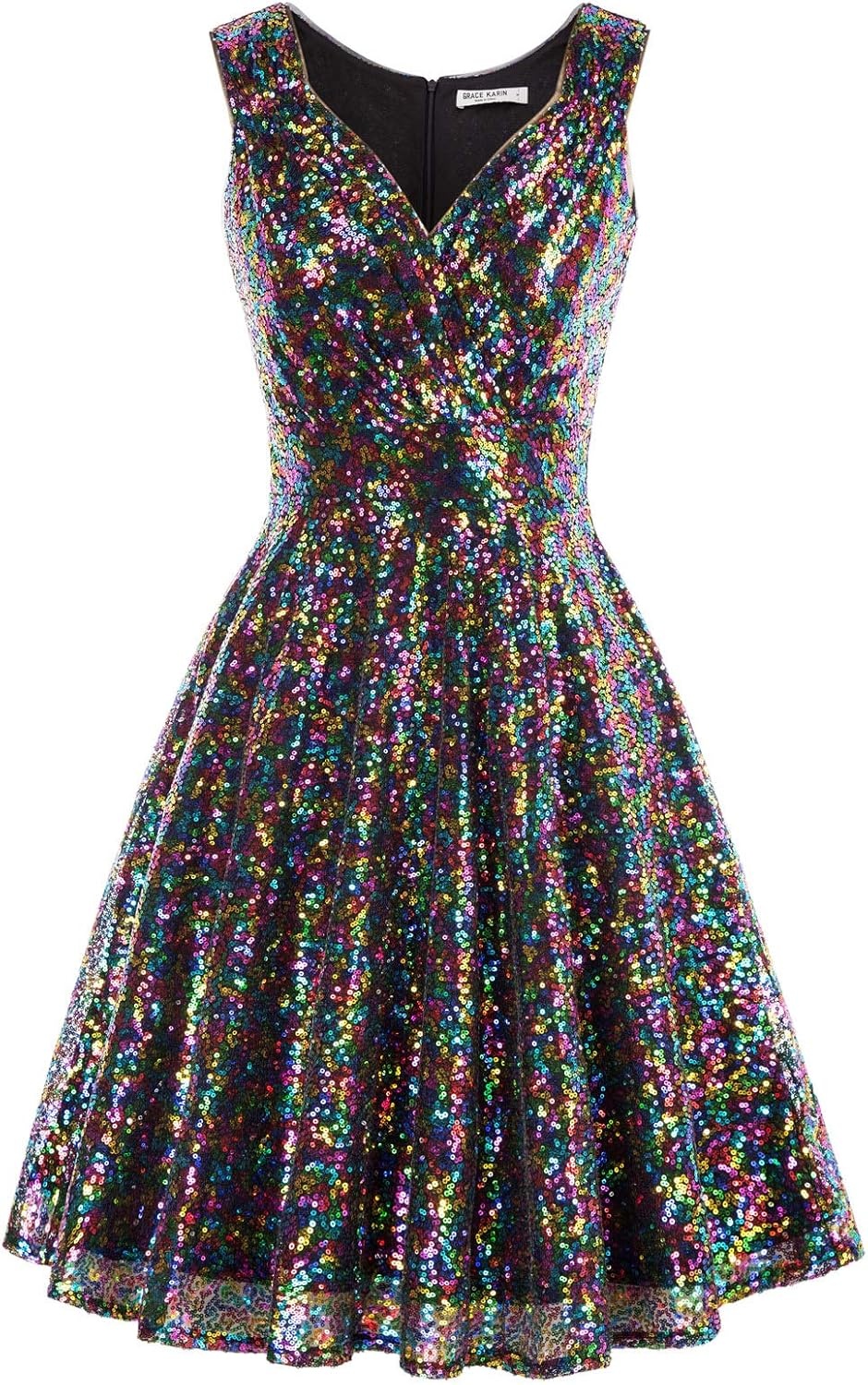 image:imageGRACE KARIN Womens Sparkly Sequin Cocktail Dresses Formal Prom Party A Line Dresses Wedding Guest Glitter Midi DressMulticolor2sequin