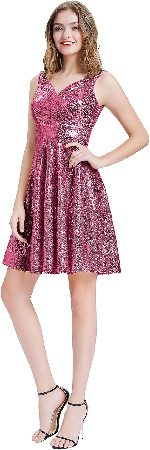 image:imageGRACE KARIN Womens Sparkly Sequin Cocktail Dresses Formal Prom Party A Line Dresses Wedding Guest Glitter Midi DressRose Redsequin