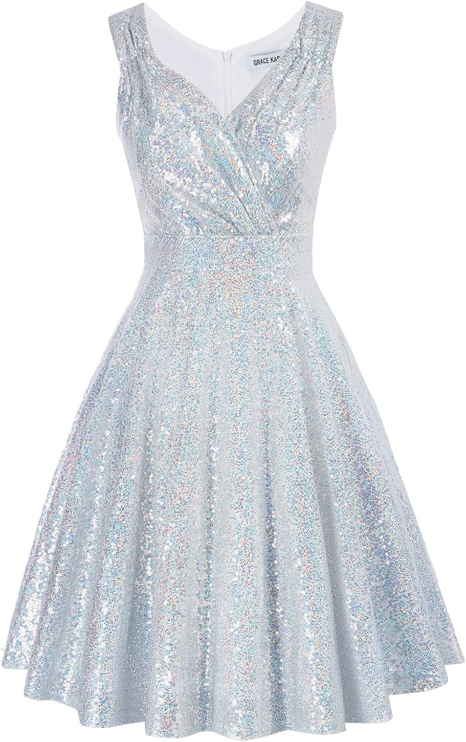 image:imageGRACE KARIN Womens Sparkly Sequin Cocktail Dresses Formal Prom Party A Line Dresses Wedding Guest Glitter Midi DressSlivermultisequin