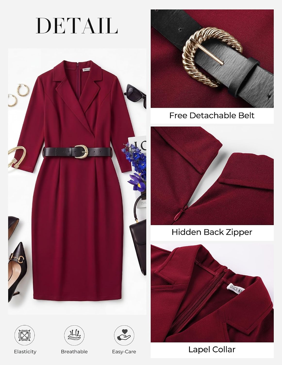 image:imageGRACE KARIN Womens Work 34 Sleeve Bodycon Business Dress 2026 V NeckBeltedPencilKnee LengthHidden Back ZipperBusiness CasualChurchOfficeFuneralTravelCocktailProfessionalWine
