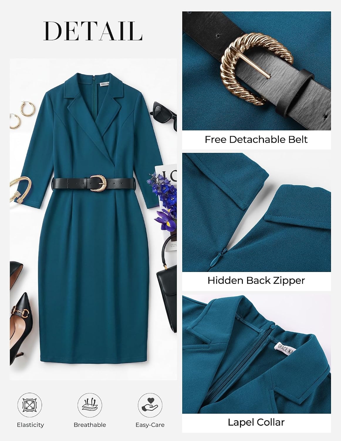 image:imageGRACE KARIN Womens Work 34 Sleeve Bodycon Business Dress 2026 V NeckBeltedPencilKnee LengthHidden Back ZipperBusiness CasualChurchOfficeFuneralTravelCocktailProfessionalDeep Peacock Blue