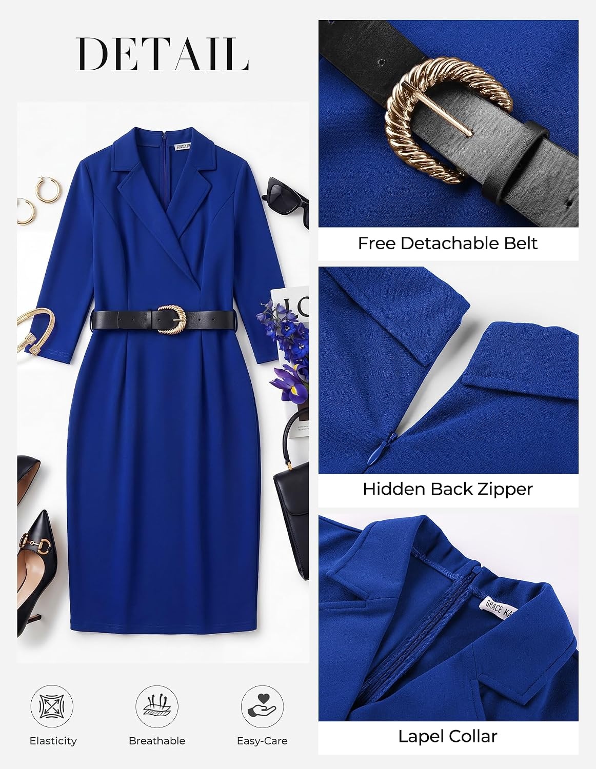 image:imageGRACE KARIN Womens Work 34 Sleeve Bodycon Business Dress 2026 V NeckBeltedPencilKnee LengthHidden Back ZipperBusiness CasualChurchOfficeFuneralTravelCocktailProfessionalRoyal Blue