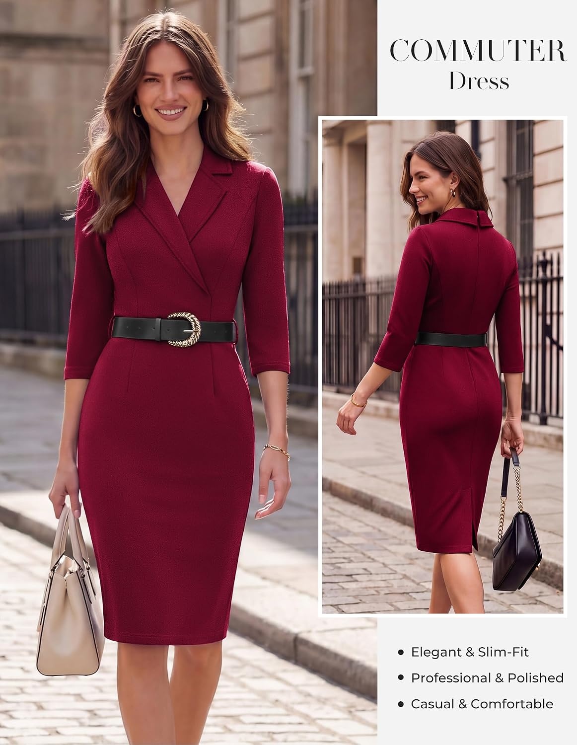 image:imageGRACE KARIN Womens Work 34 Sleeve Bodycon Business Dress 2026 V NeckBeltedPencilKnee LengthHidden Back ZipperBusiness CasualChurchOfficeFuneralTravelCocktailProfessionalWine