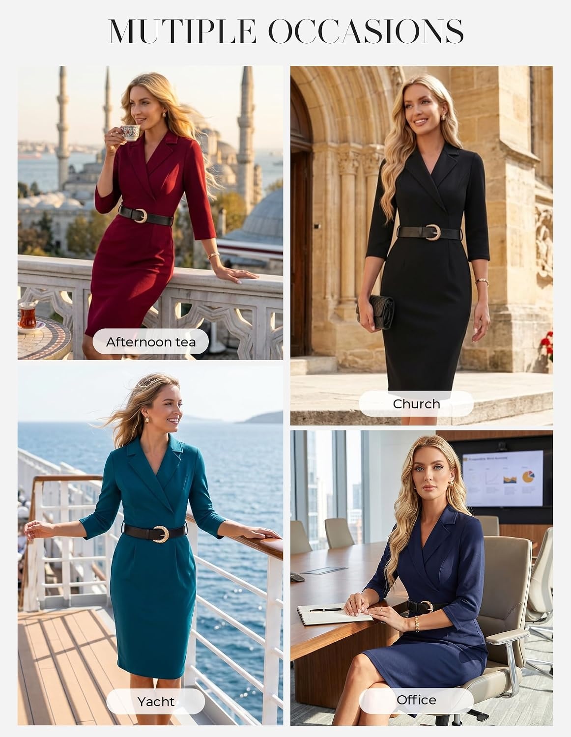 image:imageGRACE KARIN Womens Work 34 Sleeve Bodycon Business Dress 2026 V NeckBeltedPencilKnee LengthHidden Back ZipperBusiness CasualChurchOfficeFuneralTravelCocktailProfessionalNavy