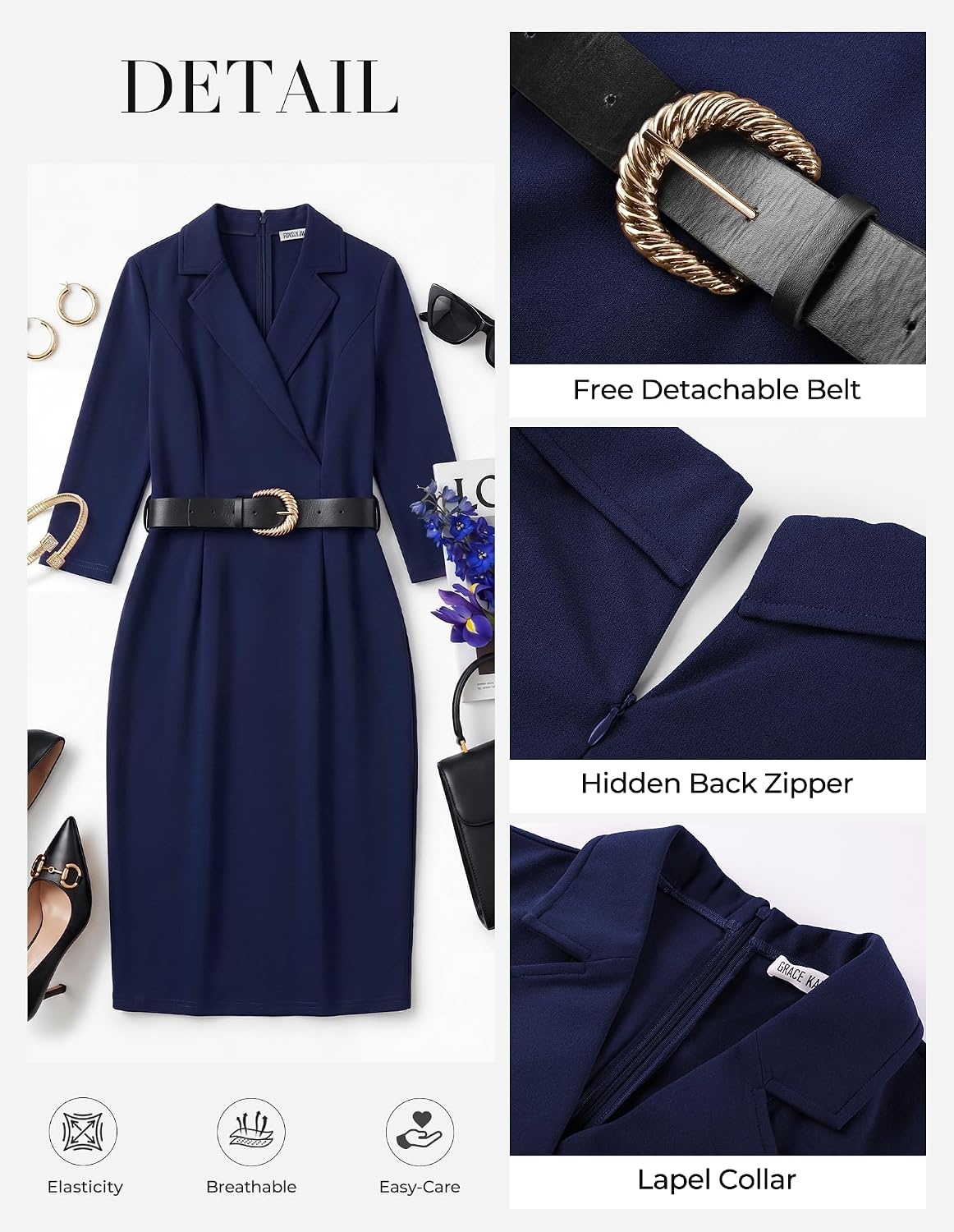 image:imageGRACE KARIN Womens Work 34 Sleeve Bodycon Business Dress 2026 V NeckBeltedPencilKnee LengthHidden Back ZipperBusiness CasualChurchOfficeFuneralTravelCocktailProfessionalNavy