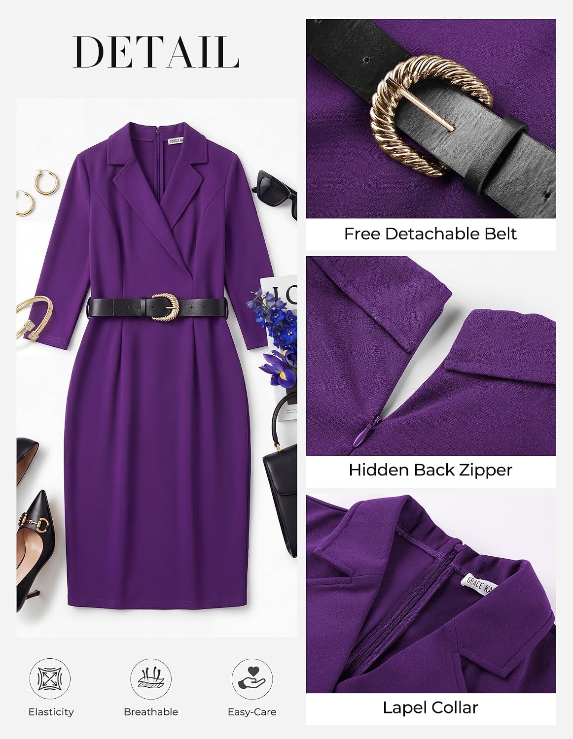 image:imageGRACE KARIN Womens Work 34 Sleeve Bodycon Business Dress 2026 V NeckBeltedPencilKnee LengthHidden Back ZipperBusiness CasualChurchOfficeFuneralTravelCocktailProfessionalDeep Purple