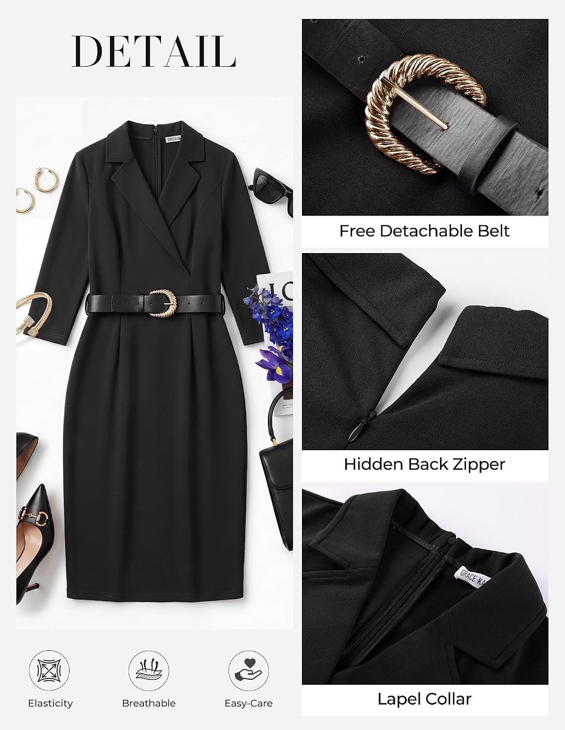 image:imageGRACE KARIN Womens Work 34 Sleeve Bodycon Business Dress 2026 V NeckBeltedPencilKnee LengthHidden Back ZipperBusiness CasualChurchOfficeFuneralTravelCocktailProfessionalBlack