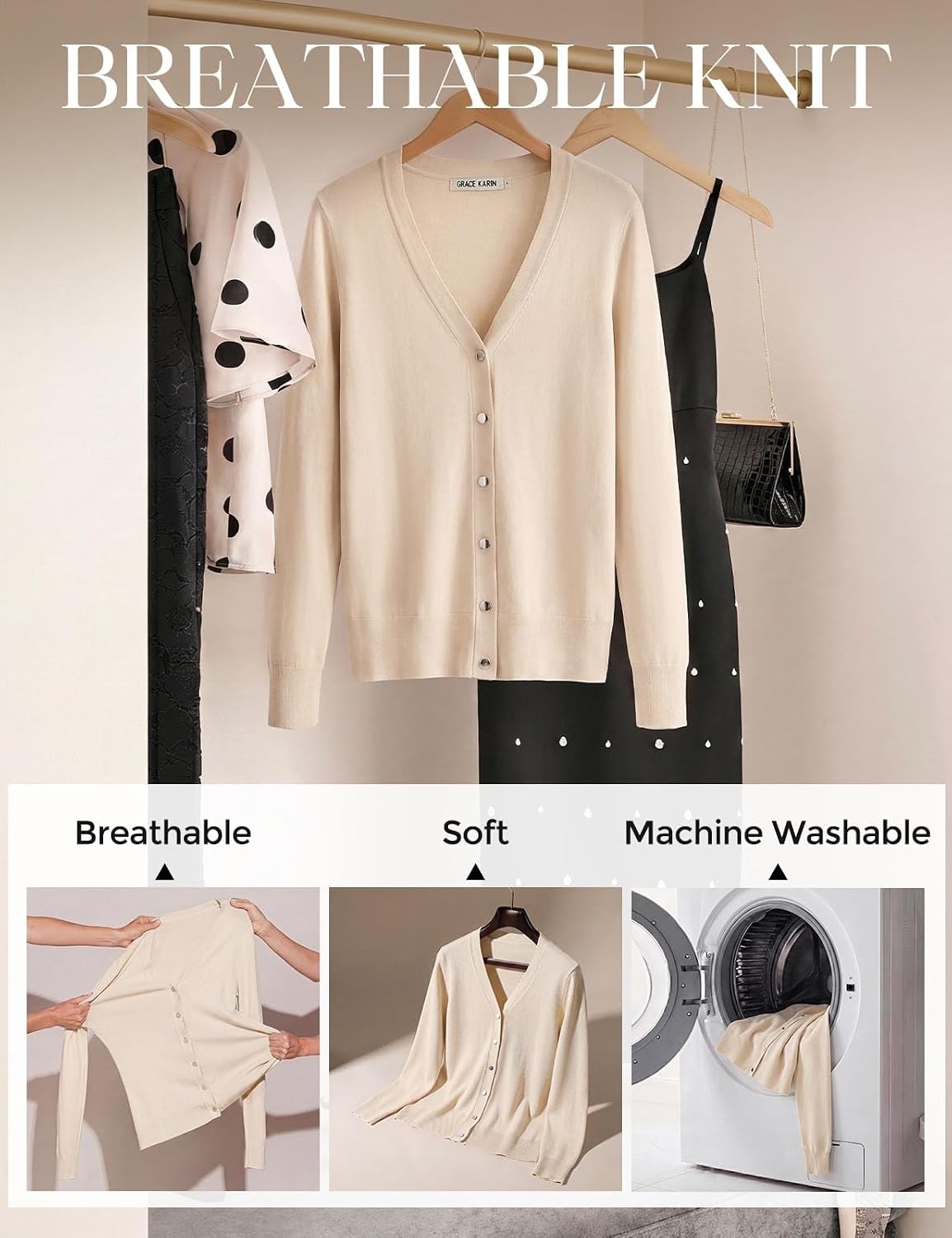 image:imageGrace KACIN Cardigan Sweaters for Women Lightweight Fall Fashion Outfits Button Up Sweater Long Sleeve V Neck Teacher Outfits 2026 Fall Fashion Business Casual Fashion TopsApricot Beige