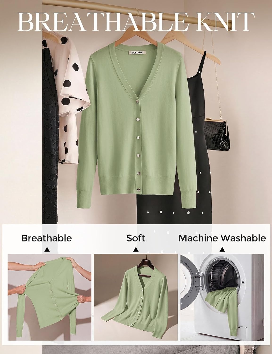 image:imageGrace KACIN Cardigan Sweaters for Women Lightweight Fall Fashion Outfits Button Up Sweater Long Sleeve V Neck Teacher Outfits 2026 Fall Fashion Business Casual Fashion TopsSage Green