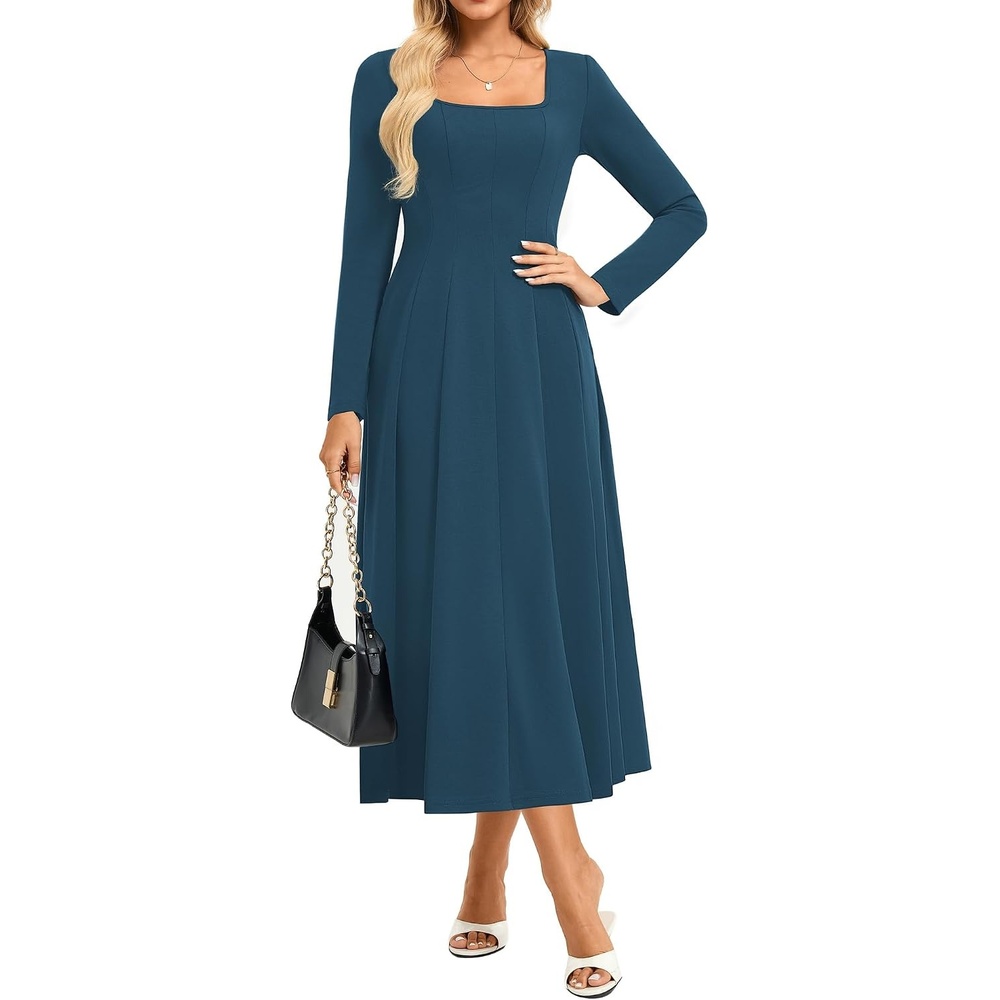 image:imageGRACE KARIN 2026 Womens Cotton Fall Wedding Guest Midi Dresses with Pockets  Long SleeveALineSquare NeckFit and FlareModestElegant ClassyCocktailSemi FormalPartyChurchFashion ClothesNavy
