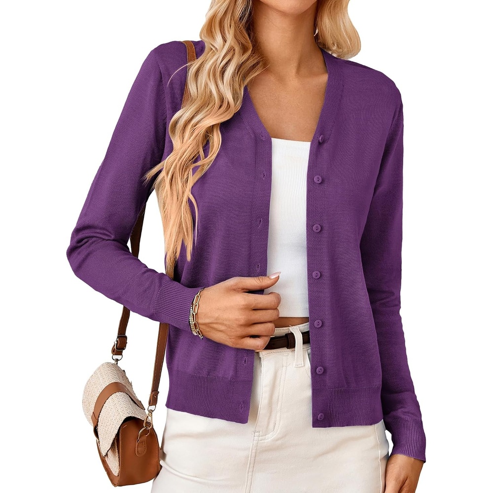 image:imageGRACE KARIN Cardigan Sweater for Women V Neck Lightweight Knit Fall Outfits Button Up Sweaters Long Sleeve Basic Soft Clothes Business Casual Fashion Tops for Work DailyPurple