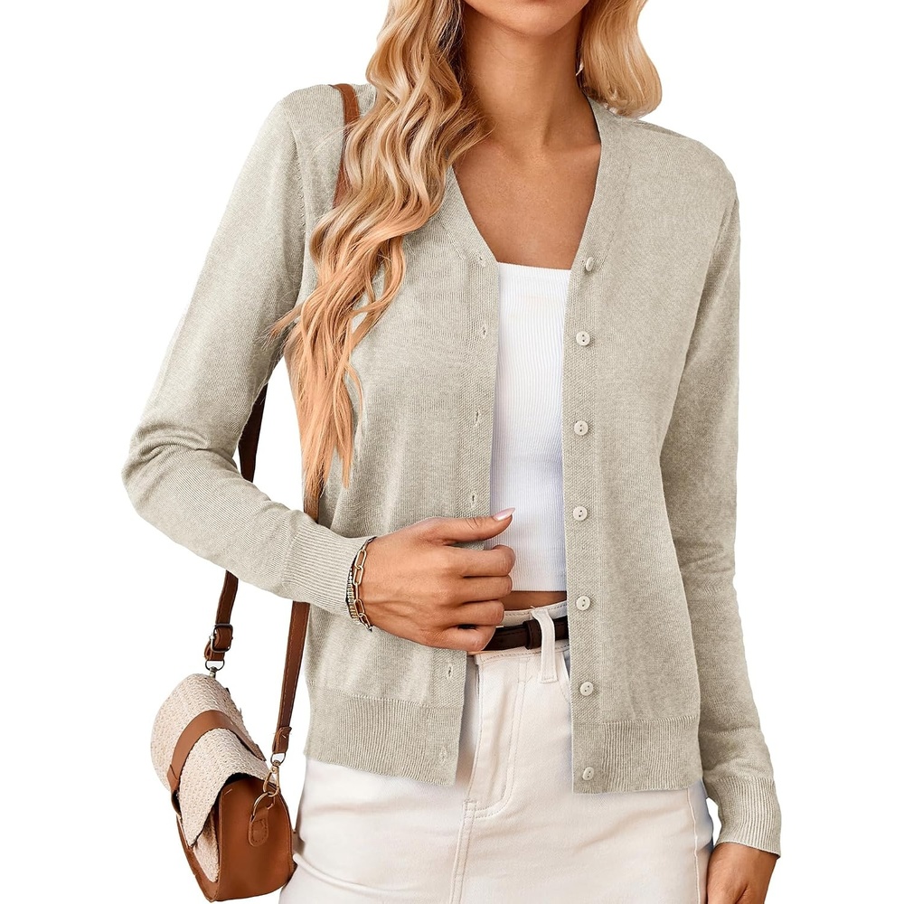 image:imageGRACE KARIN Cardigan Sweater for Women V Neck Lightweight Knit Fall Outfits Button Up Sweaters Long Sleeve Basic Soft Clothes Business Casual Fashion Tops for Work DailyLight Apricot Heather