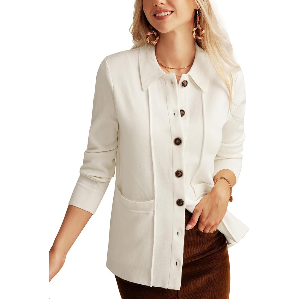 image:imageGRACE KARIN Cardigan Sweaters for Women Casual Knit Tops  Button upOpen FrontLong Sleevewith PocketsLapel CollarWarmBusiness CasualIvory