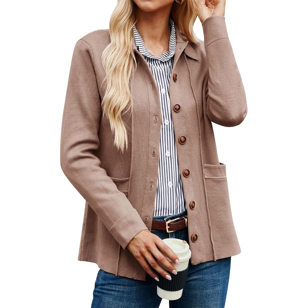 image:imageGRACE KARIN Cardigan Sweaters for Women Casual Knit Tops Button upOpen FrontLong Sleevewith PocketsLapel CollarWarmBusiness CasualReddish Brown