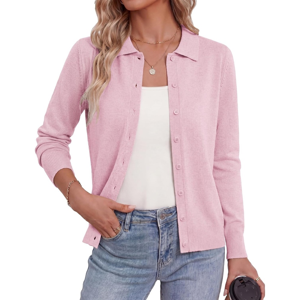 image:imageGRACE KARIN Cardigan Sweaters for Women Lightweight Long Sleeve Cardigans Lapel Collar Button Down Knit TopsFall Outfits For WomenCropped Cardigan For WomenBusiness Casual SweaterLight Pink