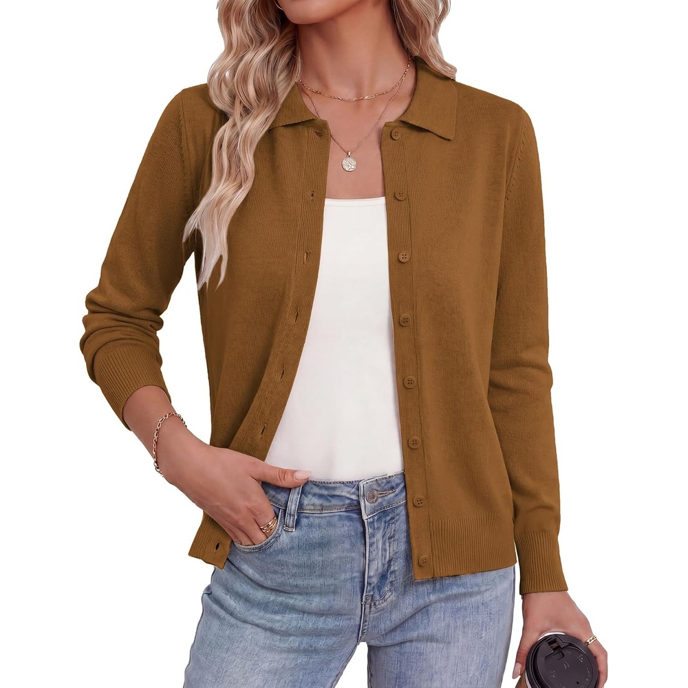 image:imageGRACE KARIN Cardigan Sweaters for Women Lightweight Long Sleeve Cardigans Lapel Collar Button Down Knit TopsFall Outfits For WomenCropped Cardigan For WomenBusiness Casual SweaterCaramel