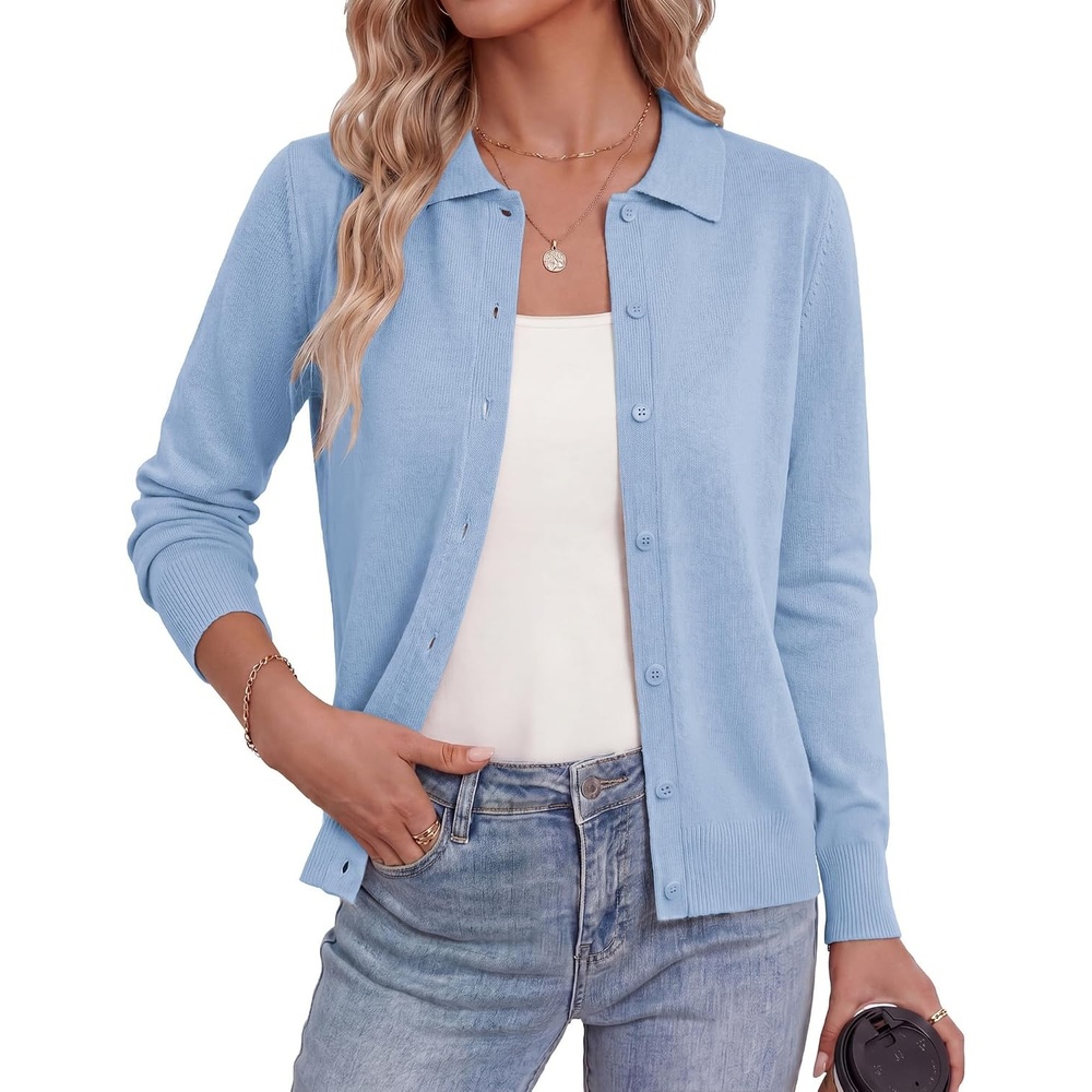image:imageGRACE KARIN Cardigan Sweaters for Women Lightweight Long Sleeve Cardigans Lapel Collar Button Down Knit TopsFall Outfits For WomenCropped Cardigan For WomenBusiness Casual SweaterPale Blue