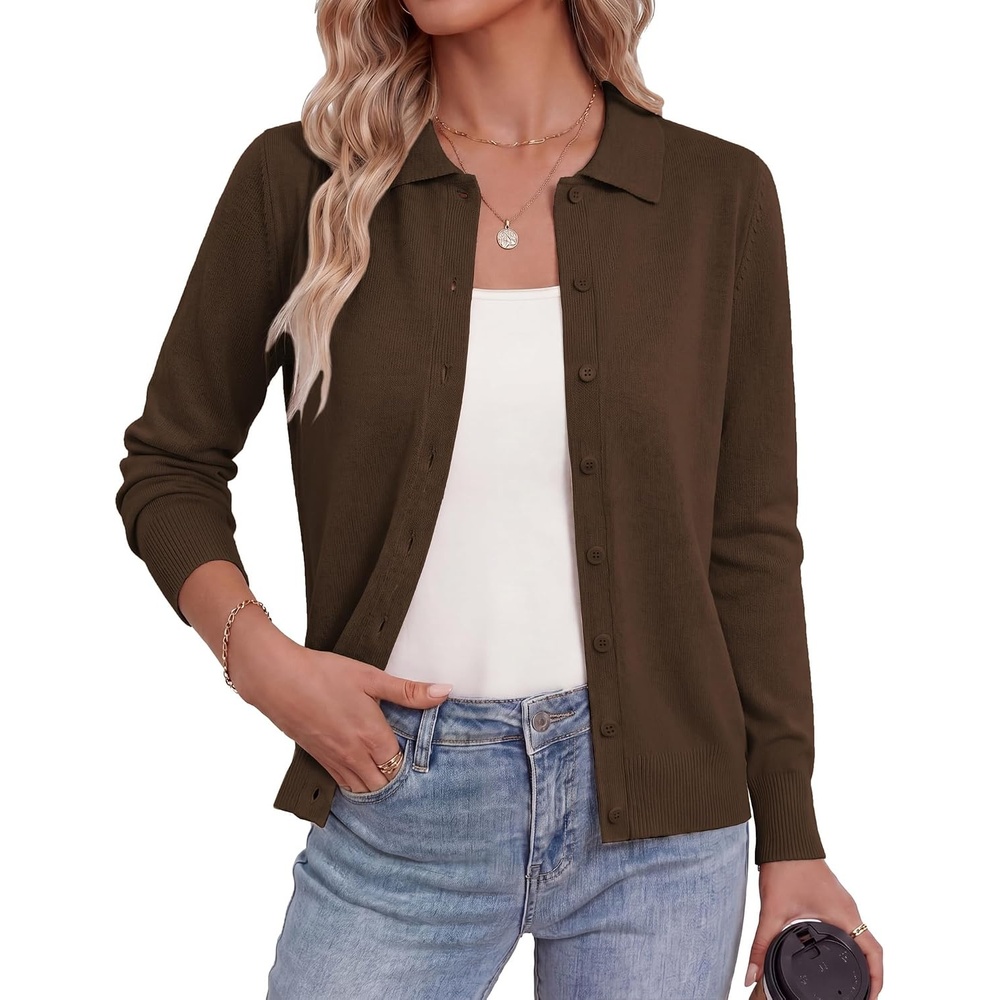 image:imageGRACE KARIN Cardigan Sweaters for Women Lightweight Long Sleeve Cardigans Lapel Collar Button Down Knit TopsFall Outfits For WomenCropped Cardigan For WomenBusiness Casual SweaterChocolate Brown
